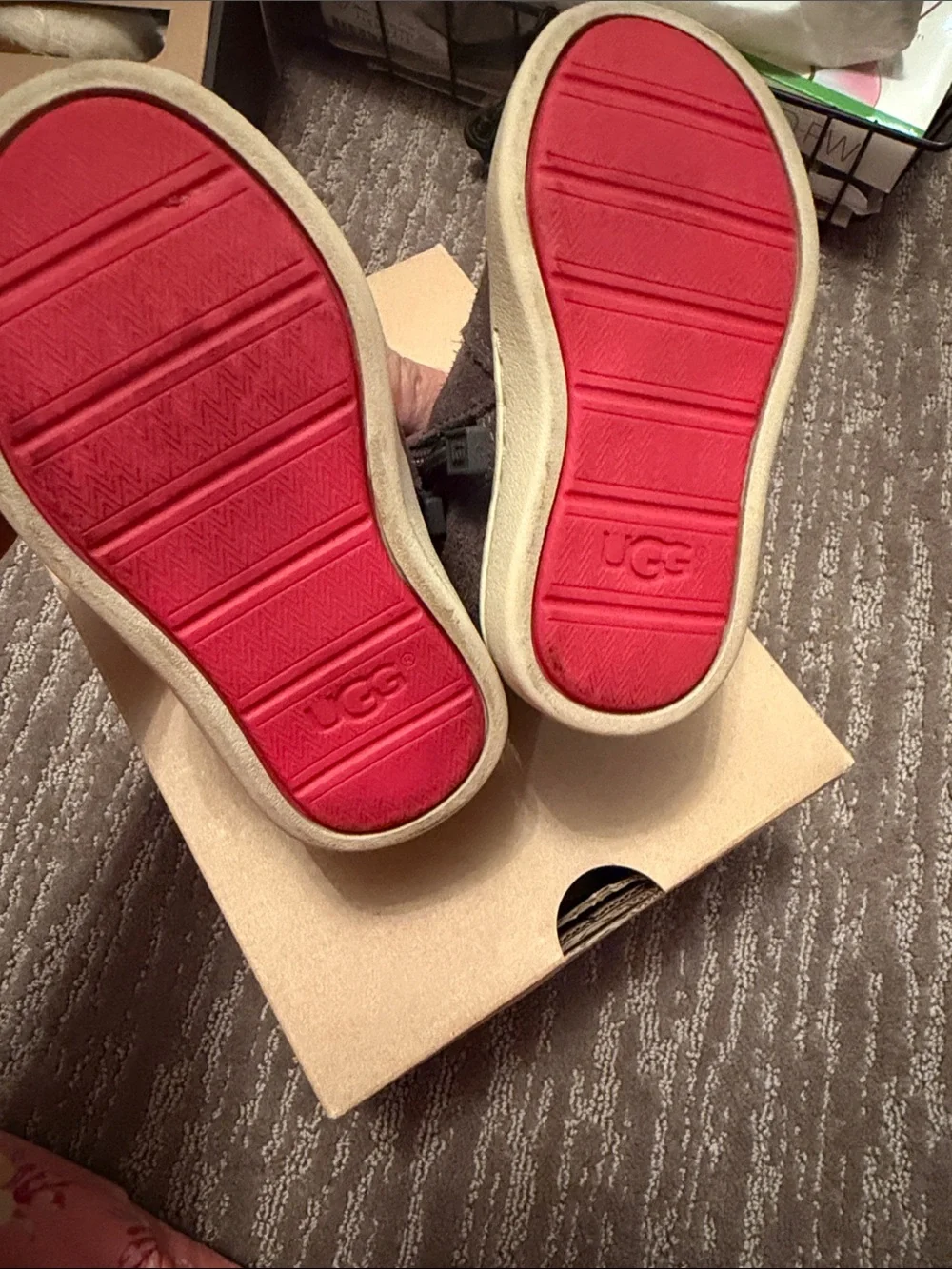 UGG Kids Brown Suede Boots with Red Interior
